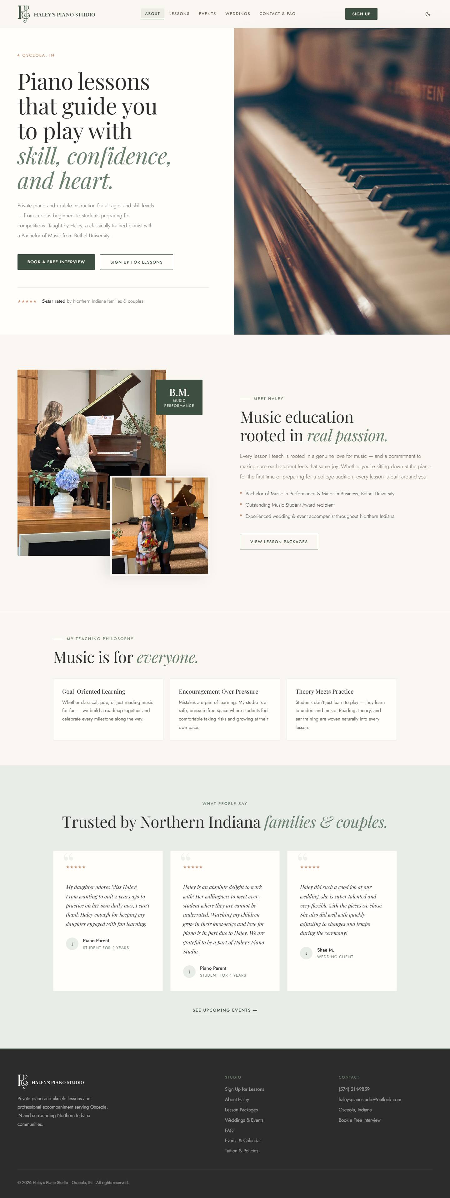 Haley's Piano Studio website, full page: hero, about, teaching philosophy, testimonials